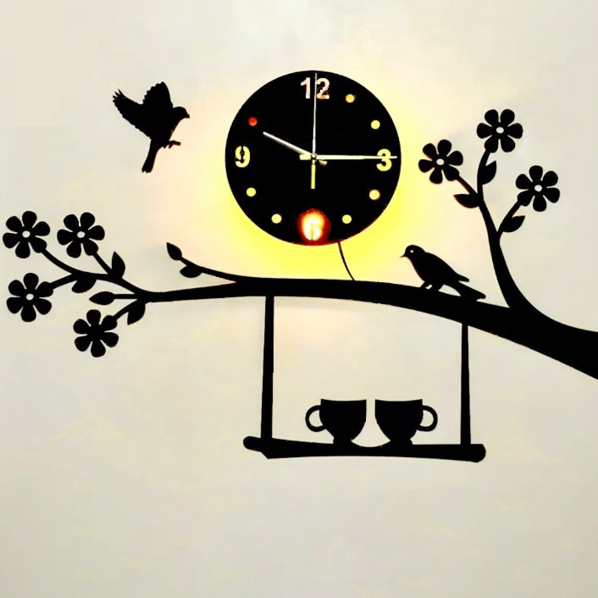 LED Wooden Wall Clock Modern Tea Cup Design with Flower and Birds, Home Decor