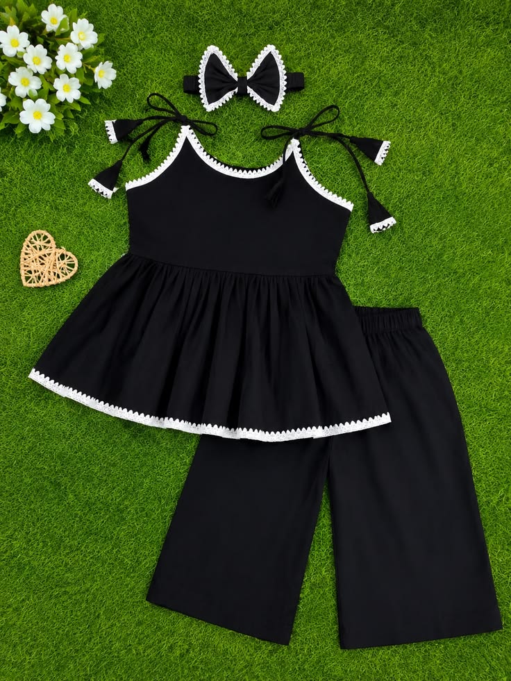 Plain Lawn Baby Girl 2 Piece Dress Set with Bow Headband