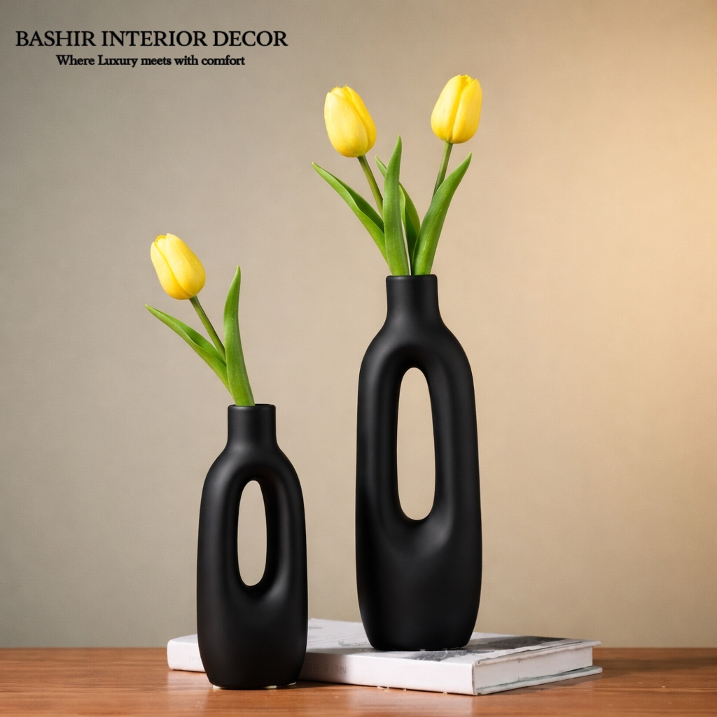 Set of 2 Modern Black Ceramic Vases for Flowers | Table Decor & Bridal Gift Vase