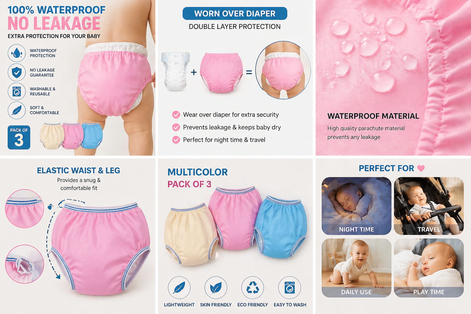 Pack of 3 /6 normal aur high quality both available Baby Waterproof Diaper Pants | Washable Plastic Panty | Reusable Leakproof Training Pants for Kids