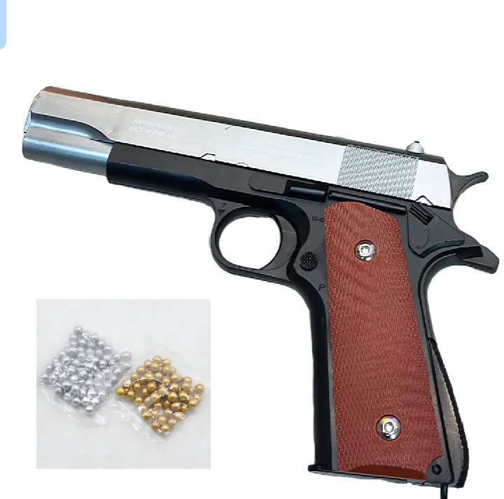 1911 Classic Style Manual Toy gun – Spring Action Magazine Fed Model – Brown Grip Accent