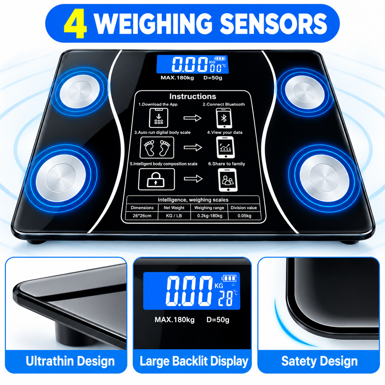 Smart Digital Body Weight Machine Scale 180KG Bluetooth Electronic Weighing Machine Scale with App Sync for Household Use - Body Fat & BMI Measurement, Bathroom Balance Scale Weight Machine For Human Body