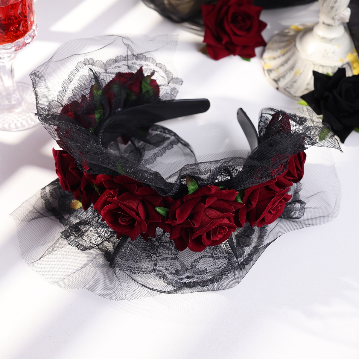 Baroque Handmade Red Flowers Headbands For Women Lace Hairbands Halloween Party Hair Accessories