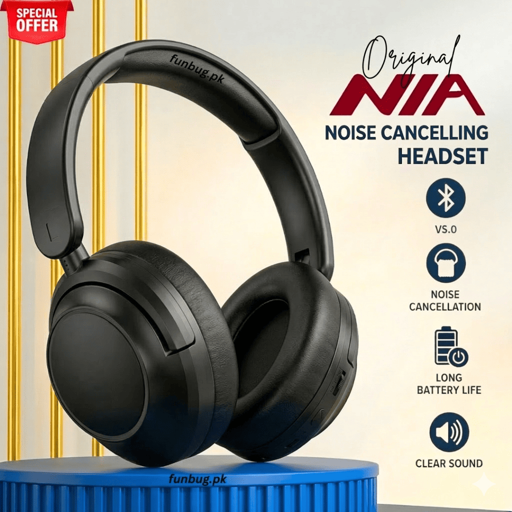 Original NIA J1 Noise Cancelling ANC Wireless Bluetooth Headphones - Wired Gaming Headset with ENC Call Noise Reduction & 20-Hour Battery Life - Foldable Ergonomic Gym Headphone with HiFi Sound - By FunBug