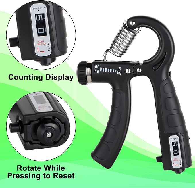 Hand Gripper Adjustable 5–60KG with Counter Grip Strengthener Heavy Duty Forearm Wrist Exerciser Gym Trainer Non-Slip Handle R-Shape Fitness Equipment for Home & Gym