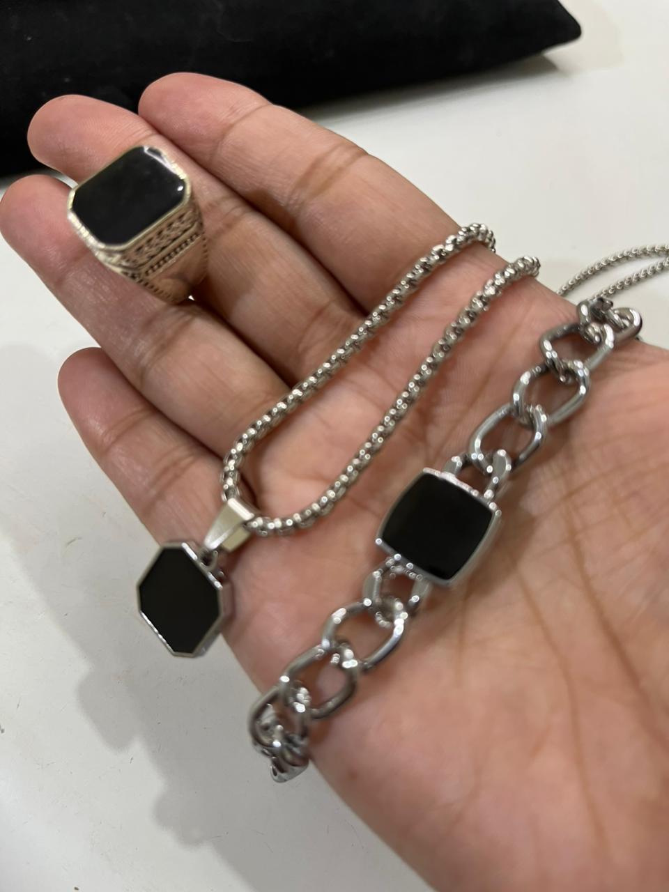 New Classic Men's Necklace Jewelry Set  Top Fashion High Quality Stainless Steel Black Square Stone Necklace +Cuban Link Chain Bracelet +Black Stone Ring For Men /Boys