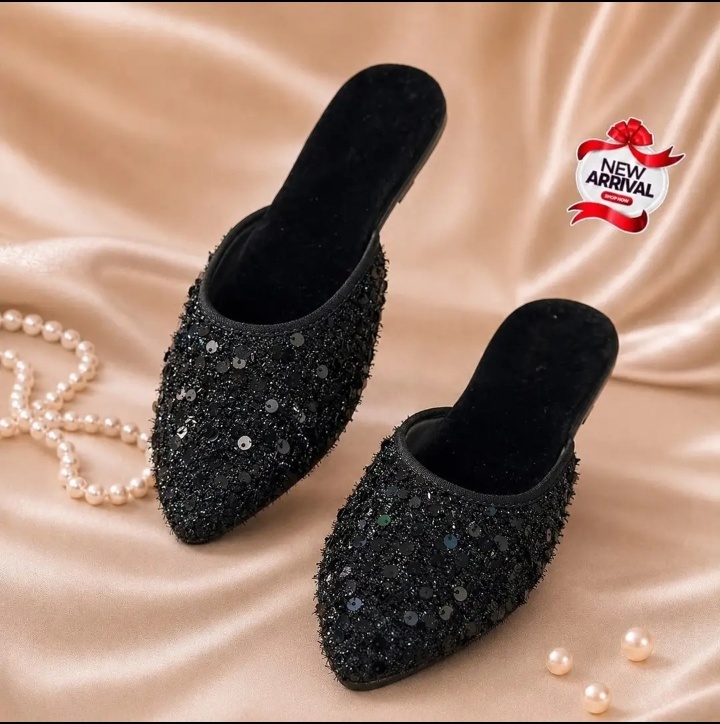 Steppora Women Sequin Mules - Fancy Party Wear Shoes For Girls - Velvet Flat Slippers - Wedding Khussa Style Mules
