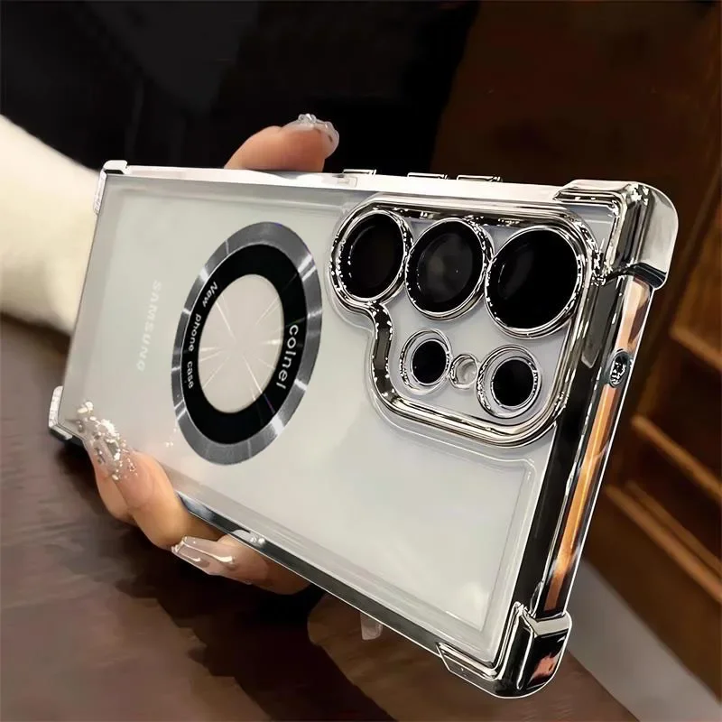 Luxury Plating Magnetic Clear Case for  S25FE Edge S24 S23 Ultra Plus A57/37/27/17/07 56/36/26/16/06 55/35/25/15/05 Cover