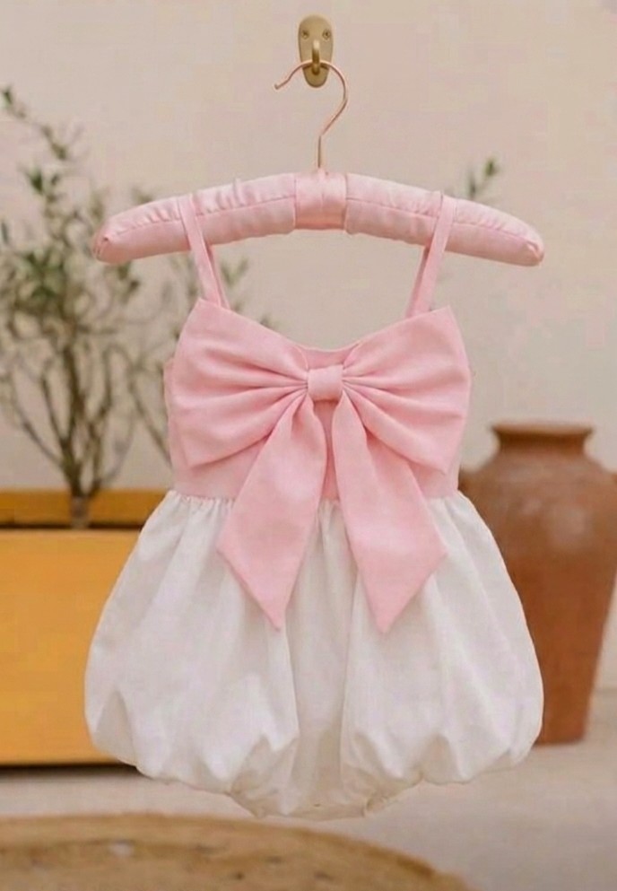 2 piece dress baby girl summer collection pink and white colour front bow style