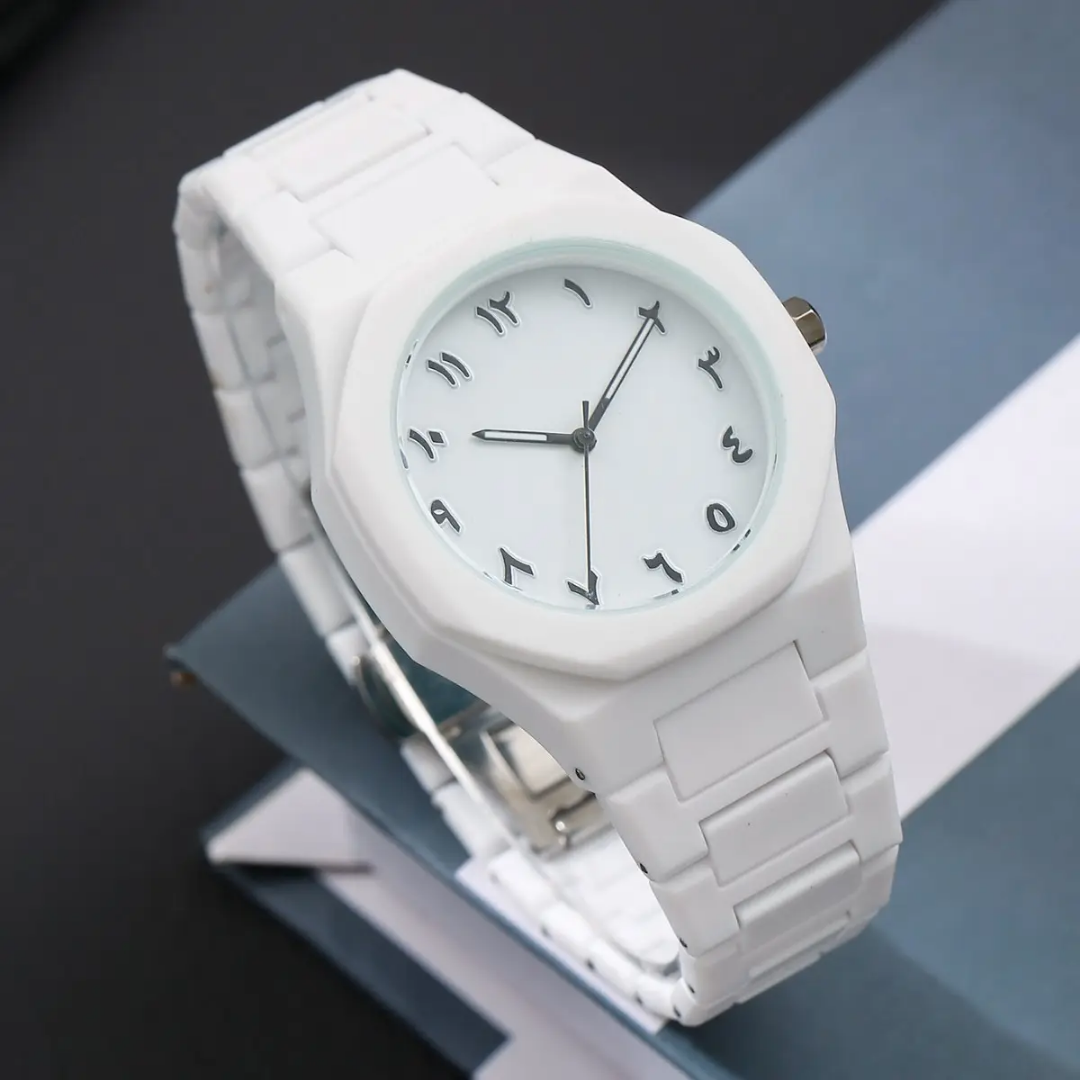 Premium White Arabic Dial Watch_High-Quality Fibre Case & Strap elegant Timepiece with Clear Arabic Numerals_Lightweight & Durable Design Perfect for Daily Wear_Formal Outfits, Casual Looks – Unisex Stylish Wrist Watch for men & women
