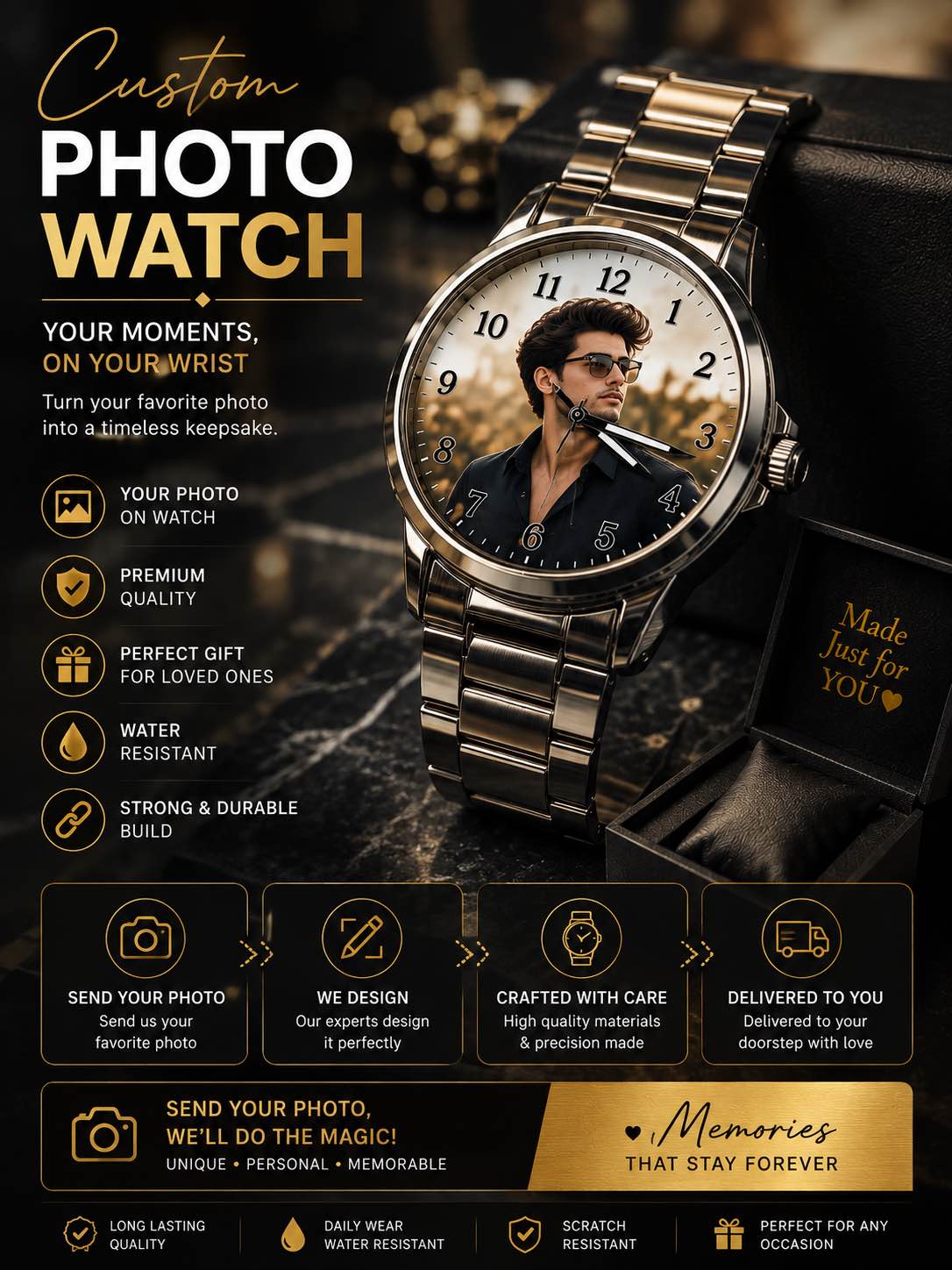 Custom Photo Watch for Men | Personalized Photo Wrist Watch | Stainless Steel Strap | Custom Picture Watch | Unique Gift for Men