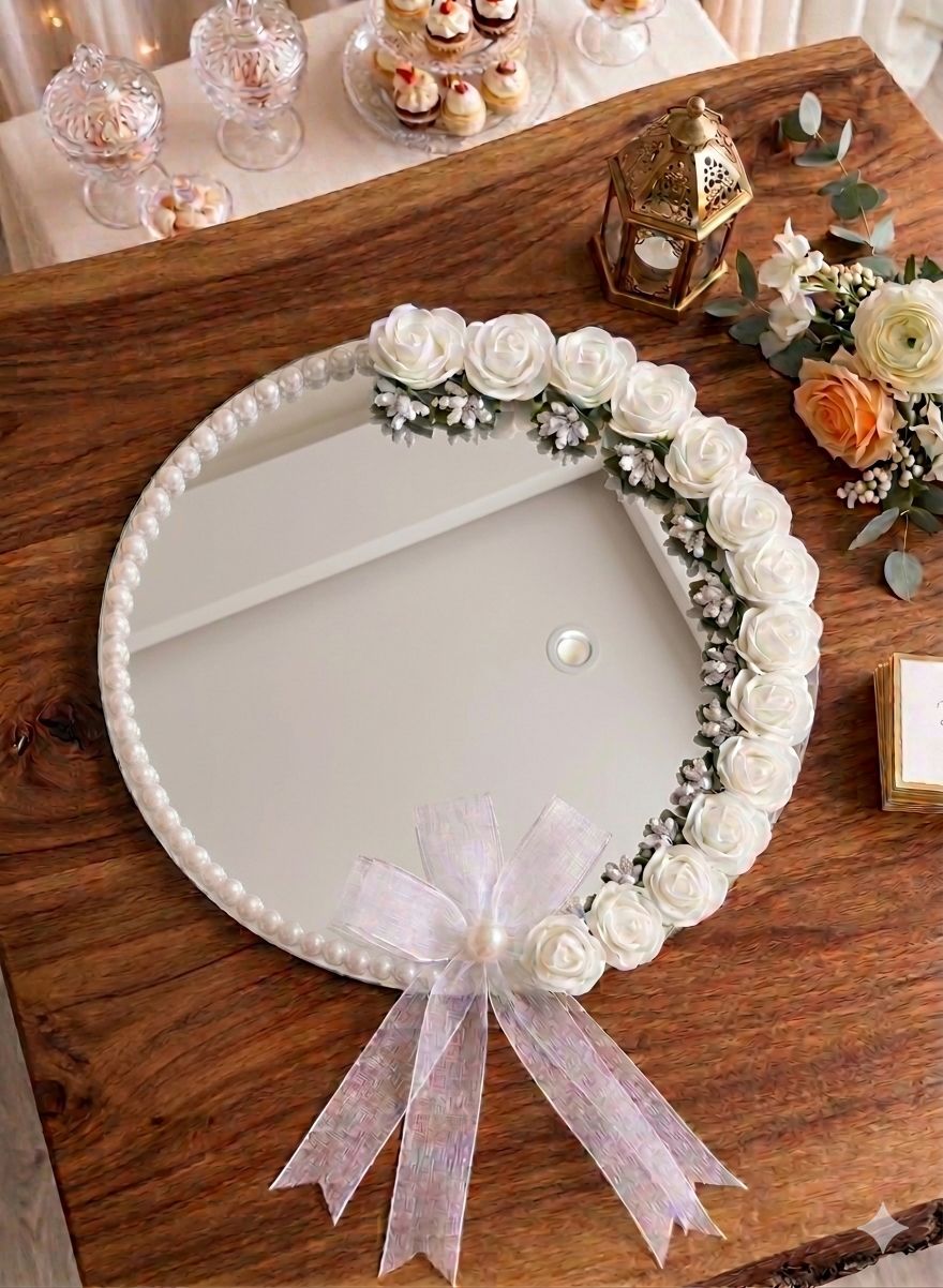 Customized Nikah Mirror Tray with premium ring boxes – Elegant White Rose Decor Engagement Tray for Groom & Bride – Personalized Wedding Ring Plate customized engagement ring tray,