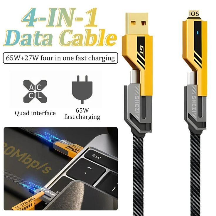 Usb To Type C Pd Charging Cable Nylon Braided C To C C To Lightning Usb A To C And Usb A To Lightning Durable Design Fast Charging And Data Sync For Multiple Devices 4 in 1 65 Watt