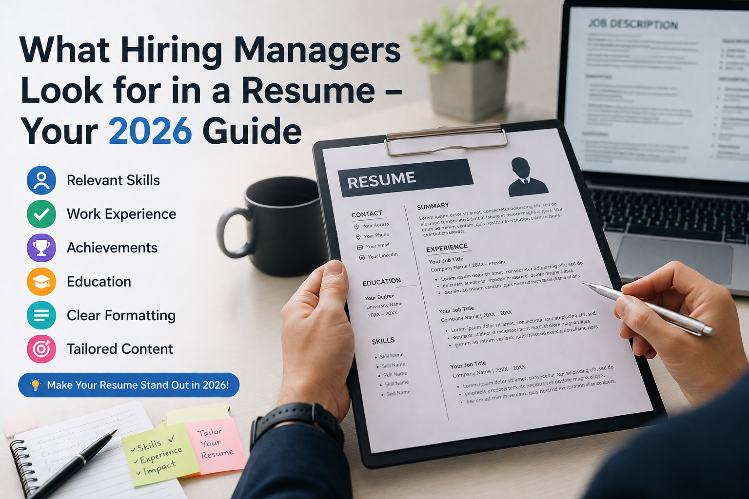 Sample resume template showing what hiring managers look for – includes sections for contact information, education, skills, professional summary, and work experience with placeholder text for achievements and responsibilities.