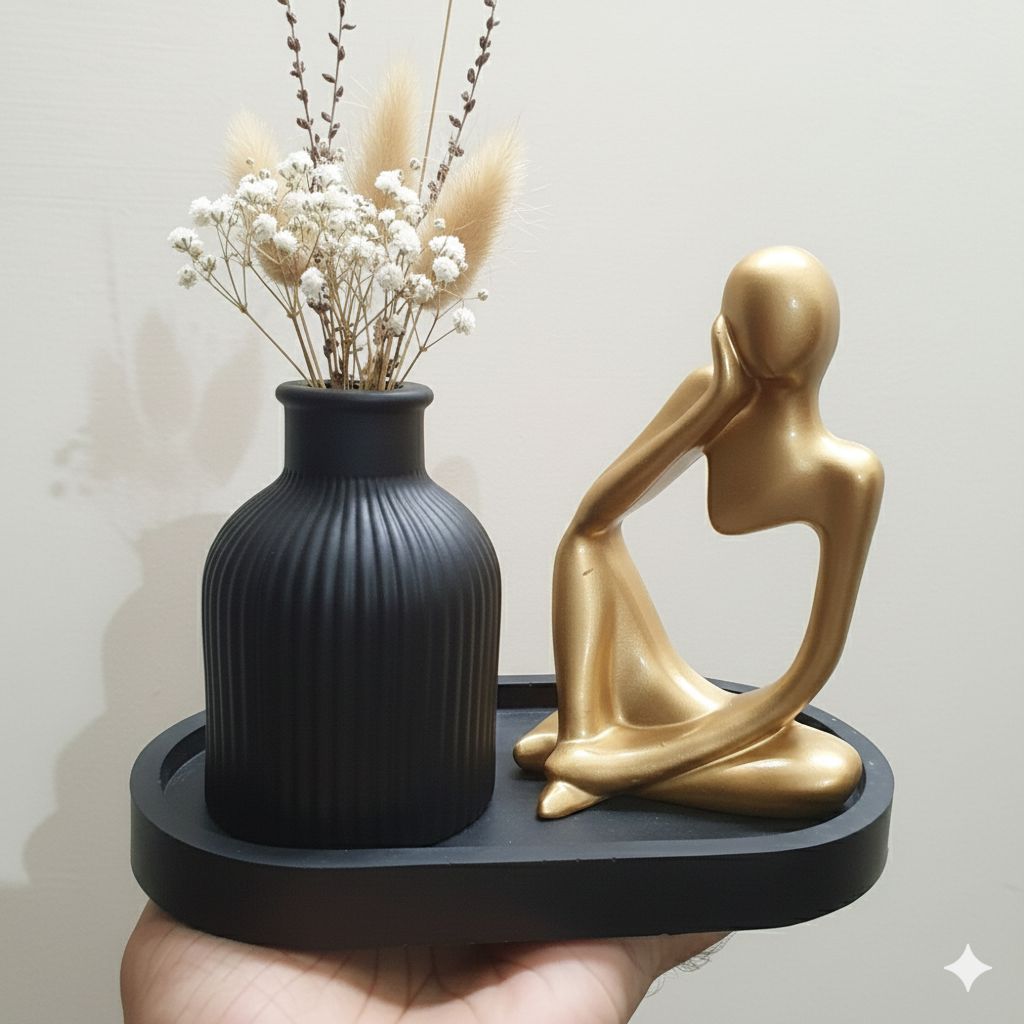 Set of 3 Home Decor Showpiece – Thinker Statue + Mini Vase + Oval Tray | Cement & Gypsum | Gift for Home, Office