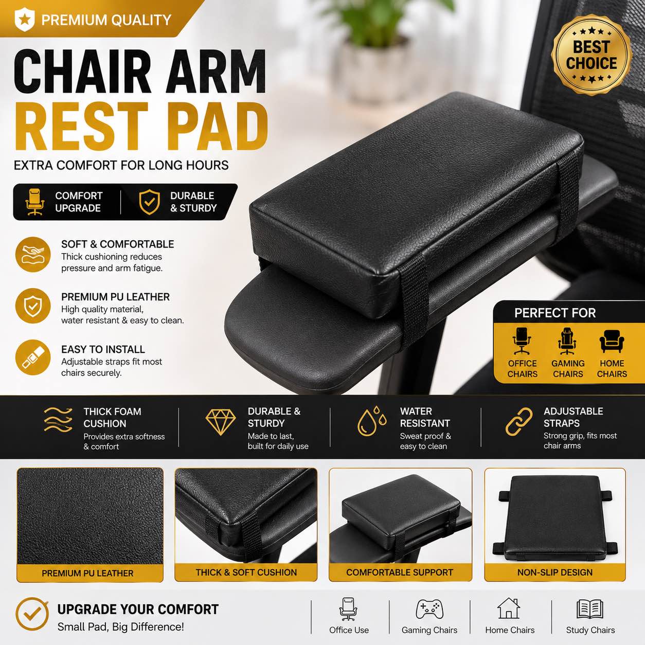 Chair Arm Rest Pad (2PCS / 1 Pair) | Premium PU Leather Armrest Cushion | Adjustable Straps | Office, Gaming & Computer Chair Arm Support