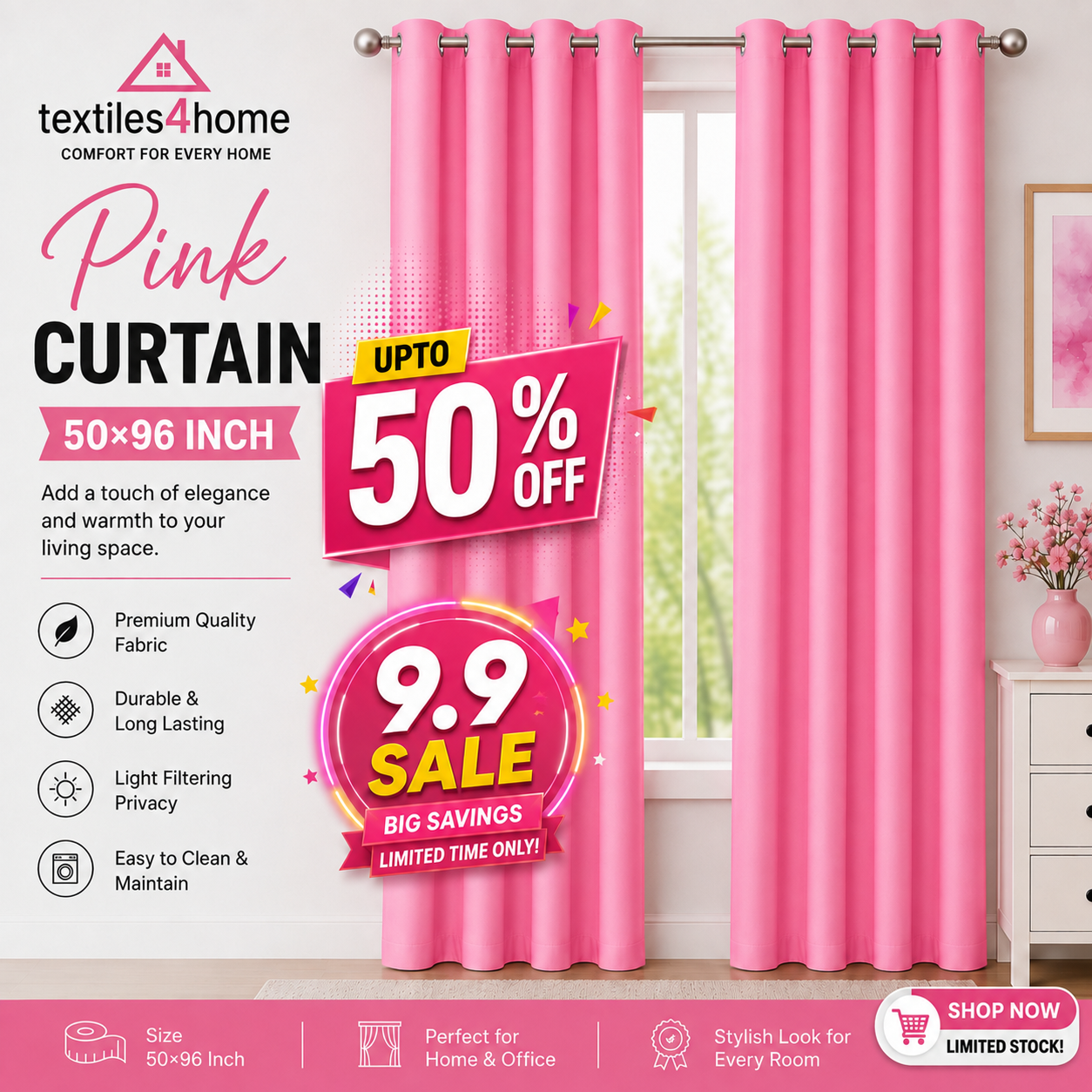 Export Quality Plain Curtain 50* 96 Inch 100% Cotton Parda With Ring(Eyelet)