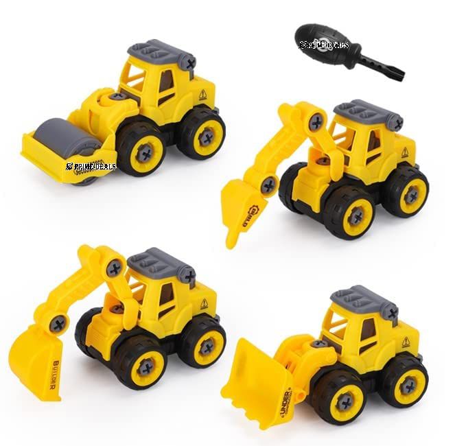 Construction Vehicles Set, 4 Pack DIY Take Apart Toys Construction Trucks with 1 Screwdriver Tools, Kids Building Cars Birthday for Boys Toddlers 3,4,5,6,7