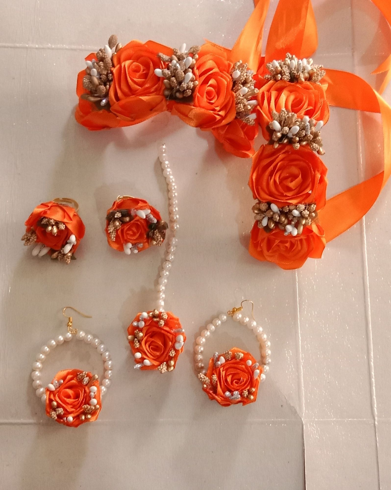 Handmade Orange Floral Ribbon Gajra Set | Bridal Mehndi Jewelry | Artificial Flower Gajray for Girls