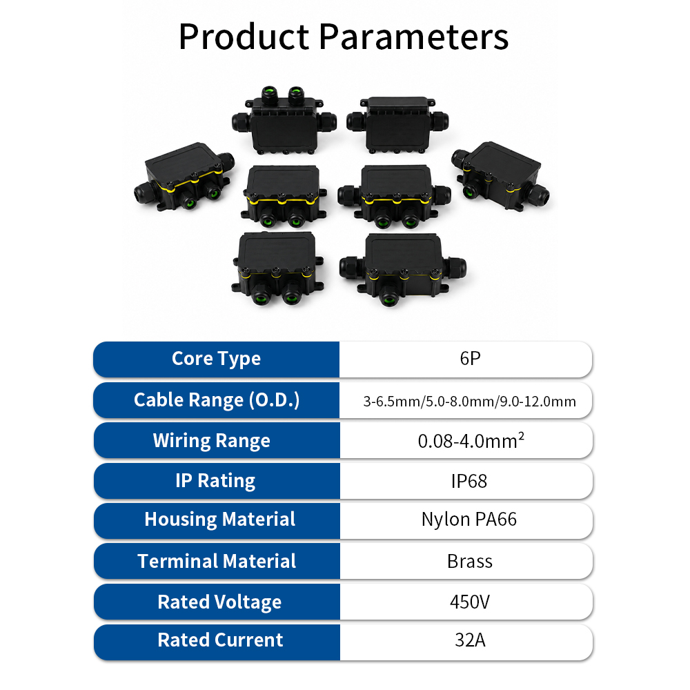 IP68 Waterproof Junction Box 2-8 Way 6 Pole Electrical Wire Connector 32A 450V 0.08-4.0mm² Cable Splice for Outdoor Lighting