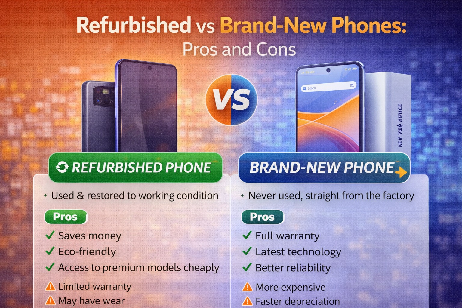 Refurbished phone vs brand new phone comparison showing price performance warranty and value differences
