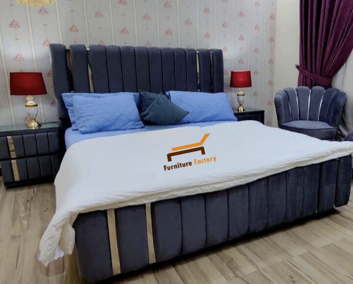 Stylish wooden vertical brass velvet bed, furniture factory
