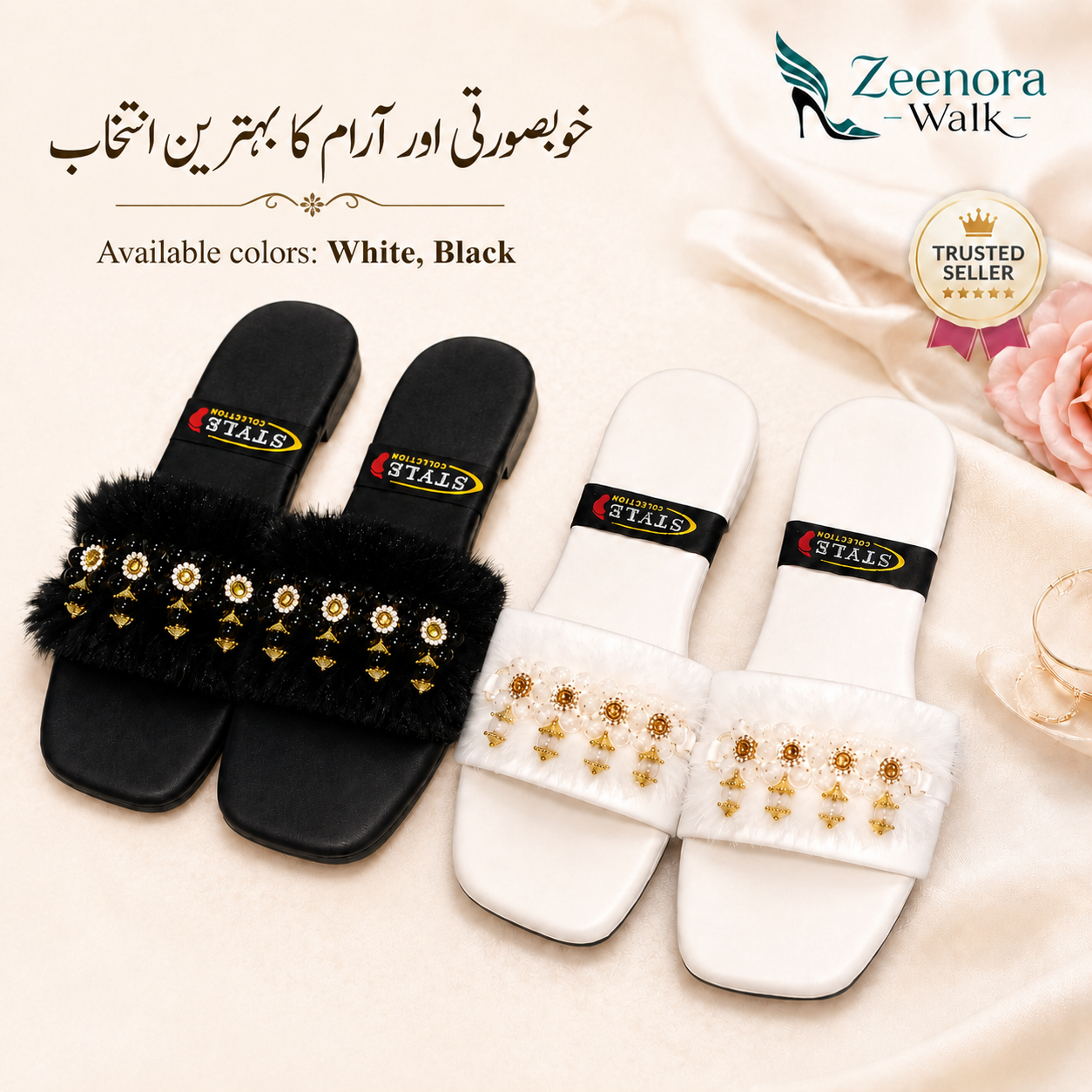 Zeenora Walk Soft Casual Slippers for Women  Elegant Ribbon Flip Flops for Girls  Comfortable Ladies Chappal  Stylish House Slippers  White & Black  UK Size 6-10