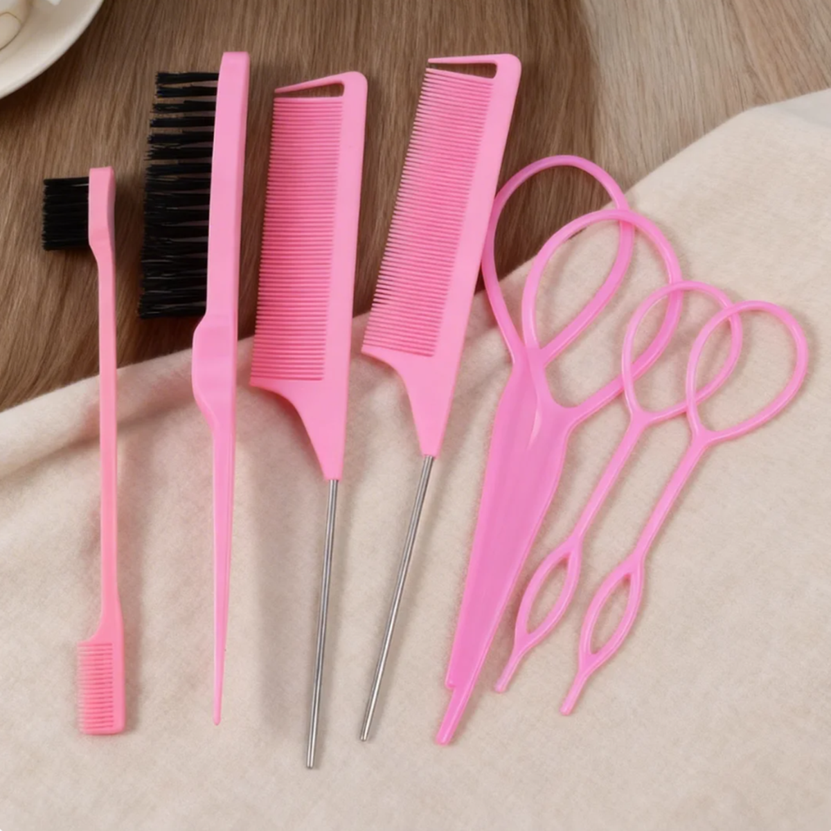 8Pcs Purple Hair Styling Tools Set Slick Back Brushes Rat Tail Combs Hair Loop for Braiding Tinting Edge Styling Hairdressing