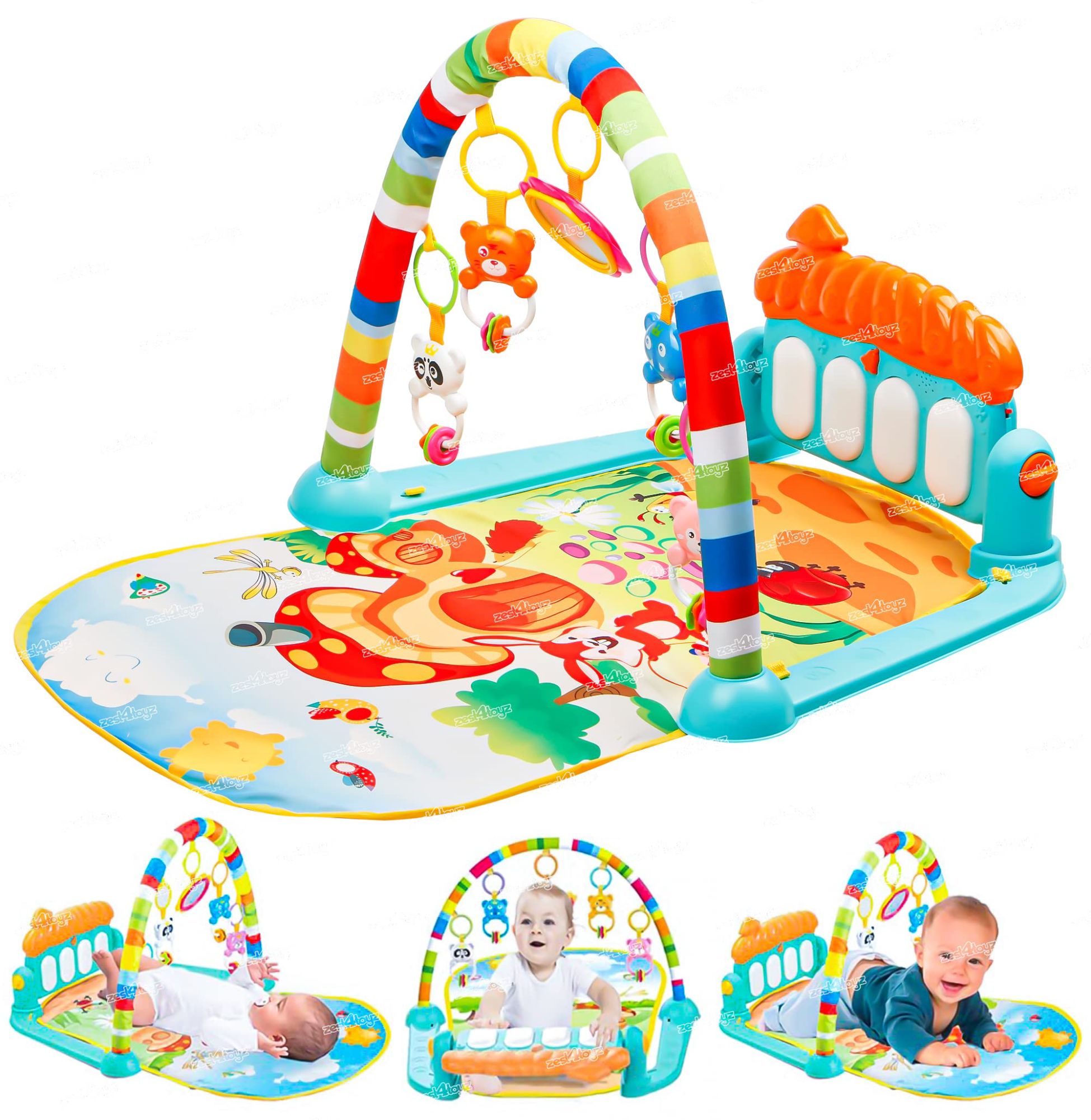 Baby Play Mat Gym & Fitness Rack with Hanging Rattles Lights & Musical Keyboard Mat Piano Multi-Function