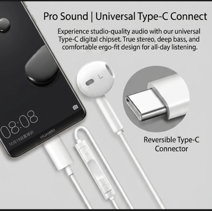 Type-C Wired Stereo Earphones with Microphone | In-Ear Handsfree | HD Sound | Volume Control | USB-C Compatible