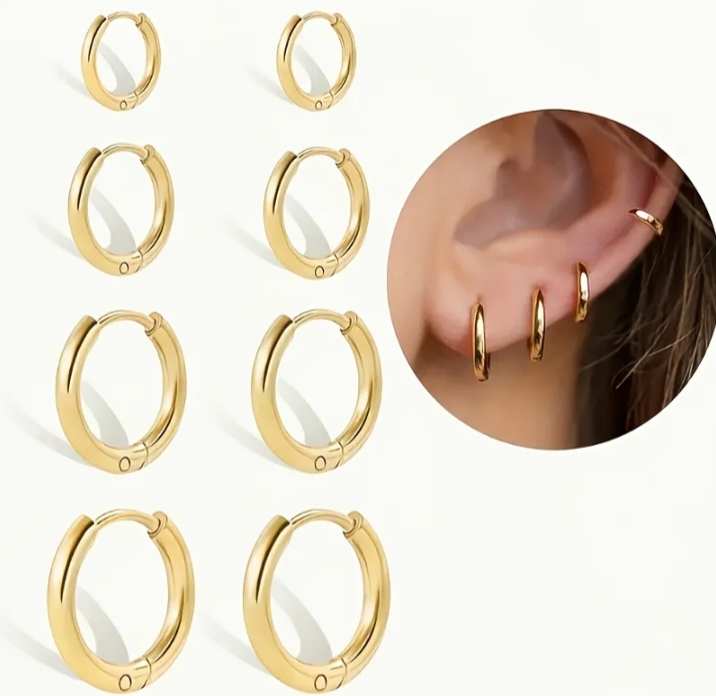 Stainless Steel Fashion Huggie Hoop Earrings Set - Hypoallergenic Multi-Hole Cartilage Studs for Daily Wear and Gift Giving, For Teenager, Boho-Hippie Minimalist Style, Durable -Toned Round Design with Ball Screws for Versatile Styling