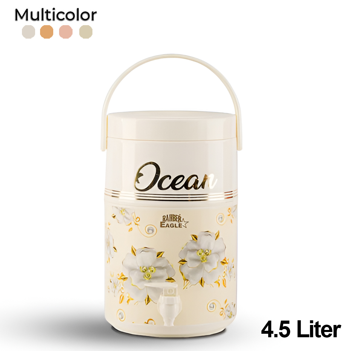 Plastic Water Cooler 4.5 Liters Insulated Portable Container Outdoor Camping Picnic Travel Hiking School Office Beach Durable Lightweight Leakproof Strong Handle Ocean Design Cold Beverage Carrier for Trips Sports Summer Use