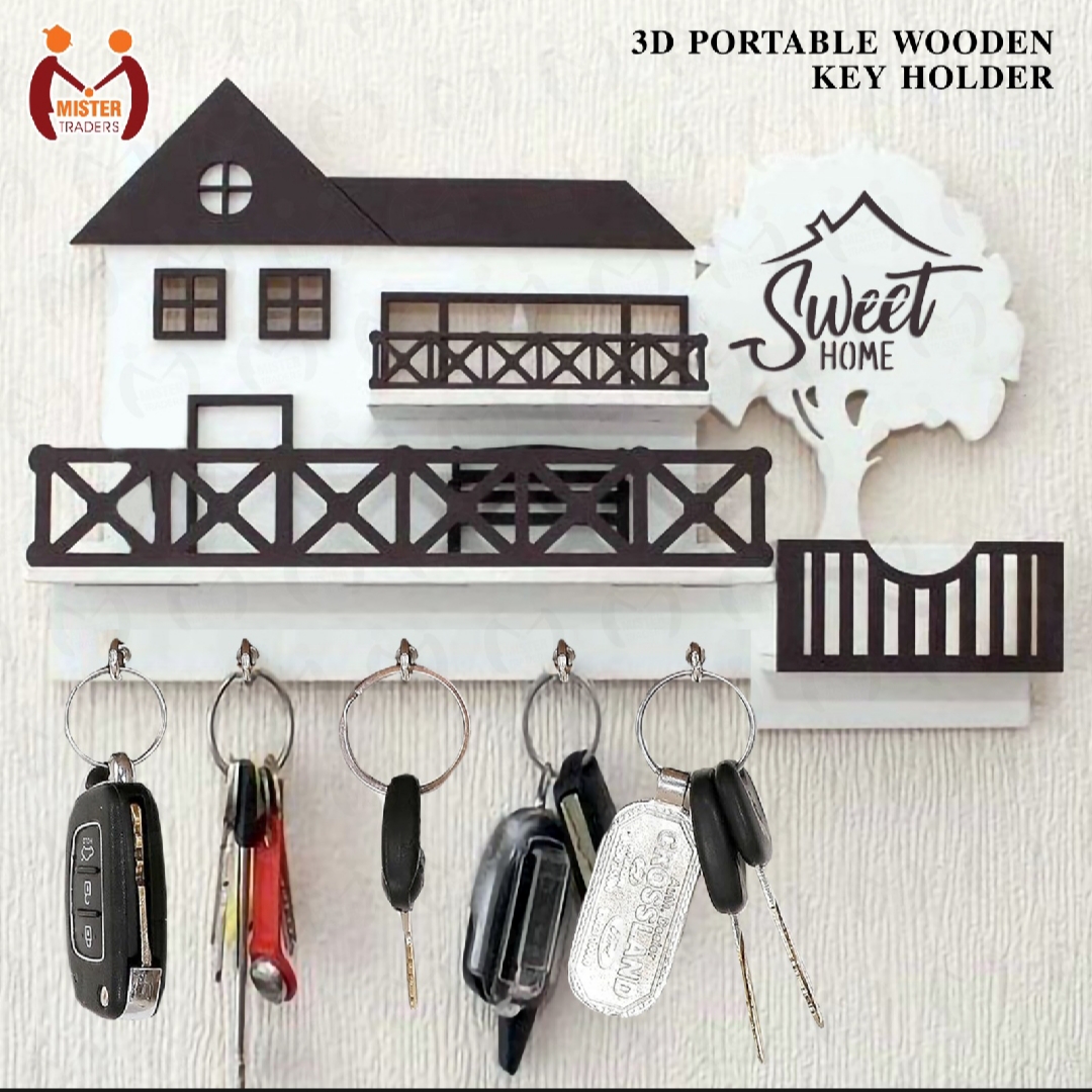 Wooden Home Model Wall-Mounted Key Holder with Mobile Phone and Keychain Holder - Elegant Wall Decor