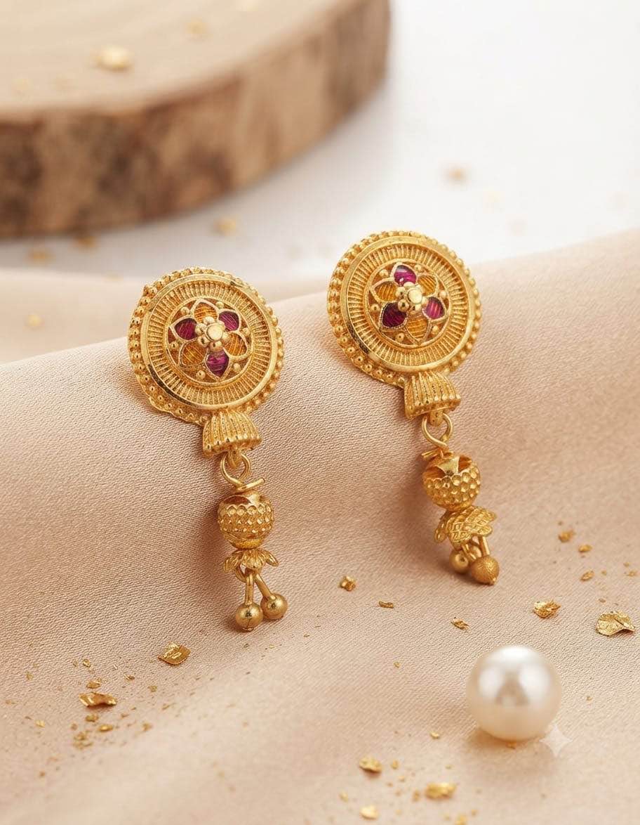 Balochi Traditional Meenakari Flower Stud Dangle Earrings for Women – Antique Ruby Pink Enamel Drop Earrings / Festive Jewellery for Weddings & Events