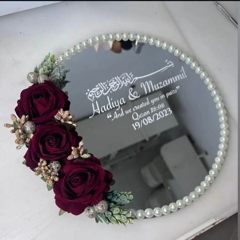 Customized Velvet Flower Nikkah Tray & Engagement Ring Tray – Elegant Wedding Mirror for Nikkaah & Barat – Personalized Groom & Bride Ring Platter
