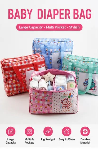 Baby Diaper Bag Large Capacity | Multi Pocket Maternity Bag | Baby Travel Organizer | Cartoon Printed Mother Bag | 4 Colors Available