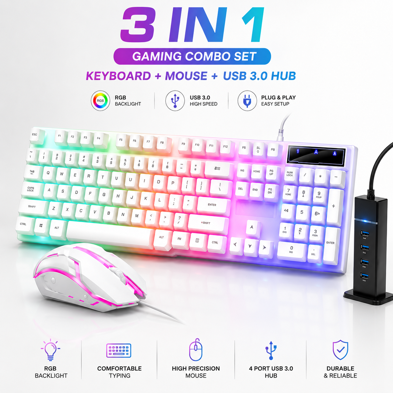 ⭐ 3 in 1 RGB Gaming Combo Set – Wired Gaming Keyboard + High Precision RGB Mouse + 4 Port USB 3.0 Hub | Plug & Play for PC, Laptop & Gaming