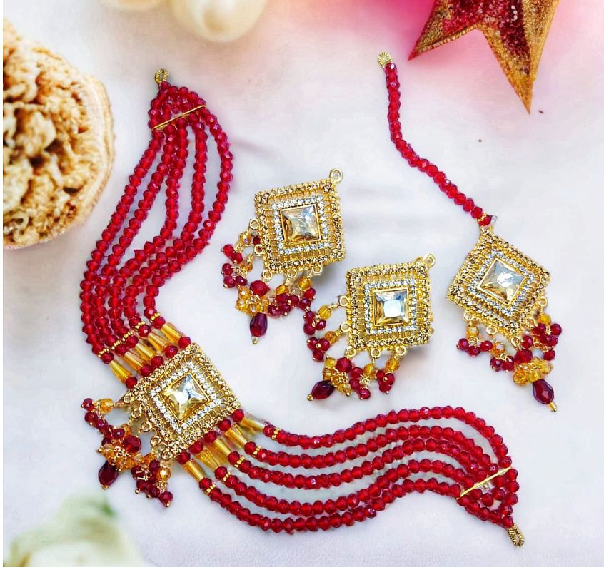 new fancy pearl choker patti set with earrings and tika for girls and woman new design