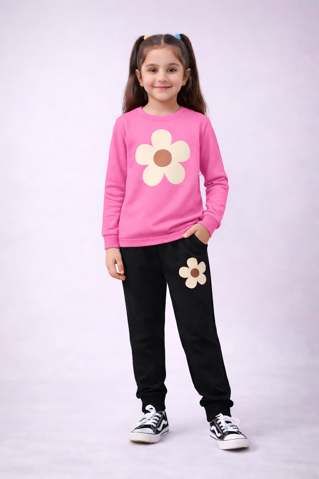 Girls Pink Flower Printed Tracksuit – Kids Cotton Summer Shirt & Black Trouser Set