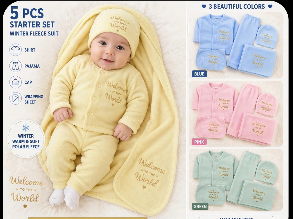 winter 5 pcs newborn polar Starter set - welcome world Embroidered Fleec winter stuff