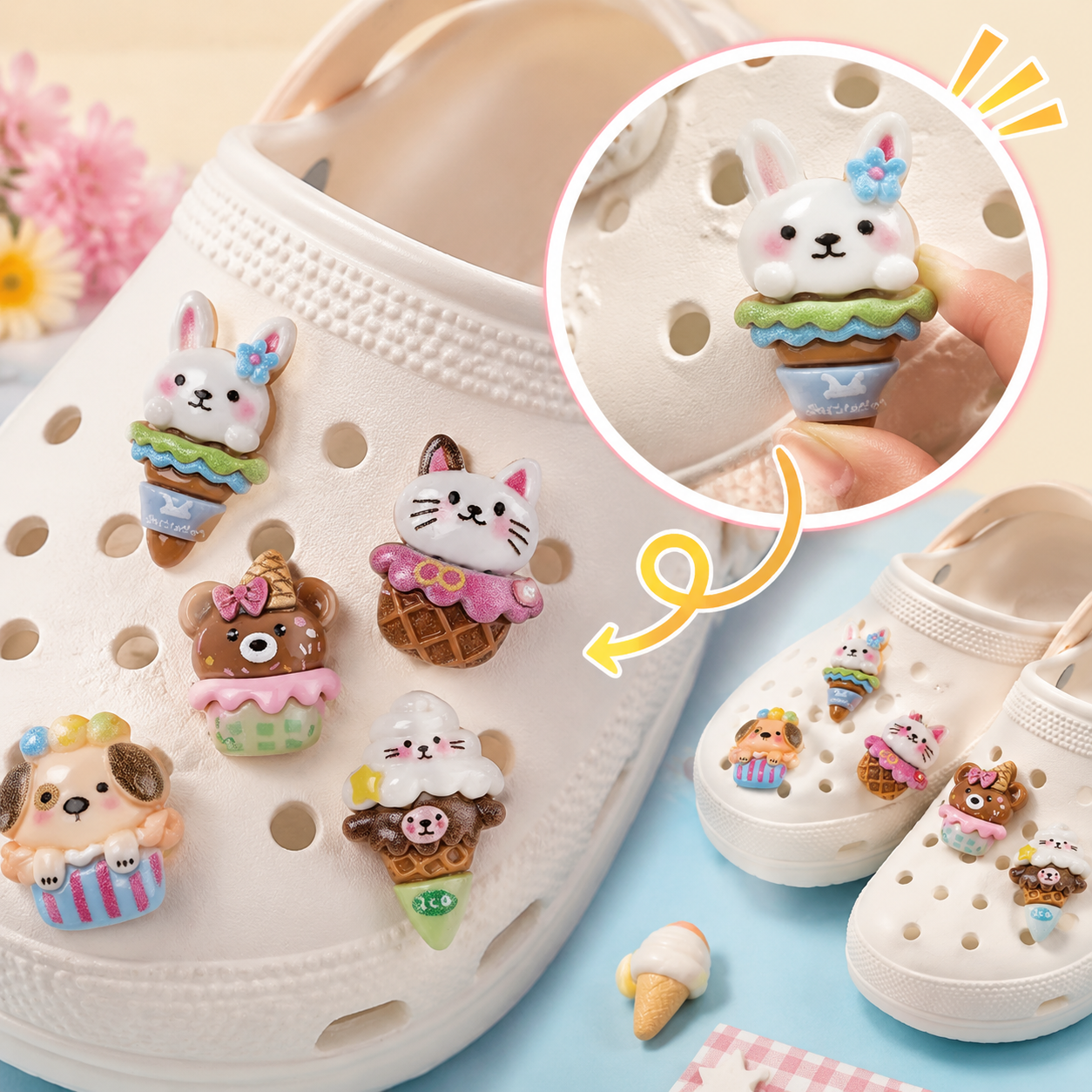 20-Pack Mixed Cat Dog Bear Bunny Ice Cream Resin Shoe Charms - Cute Animal & Food Clog Decor for Sandals & Beach Bags