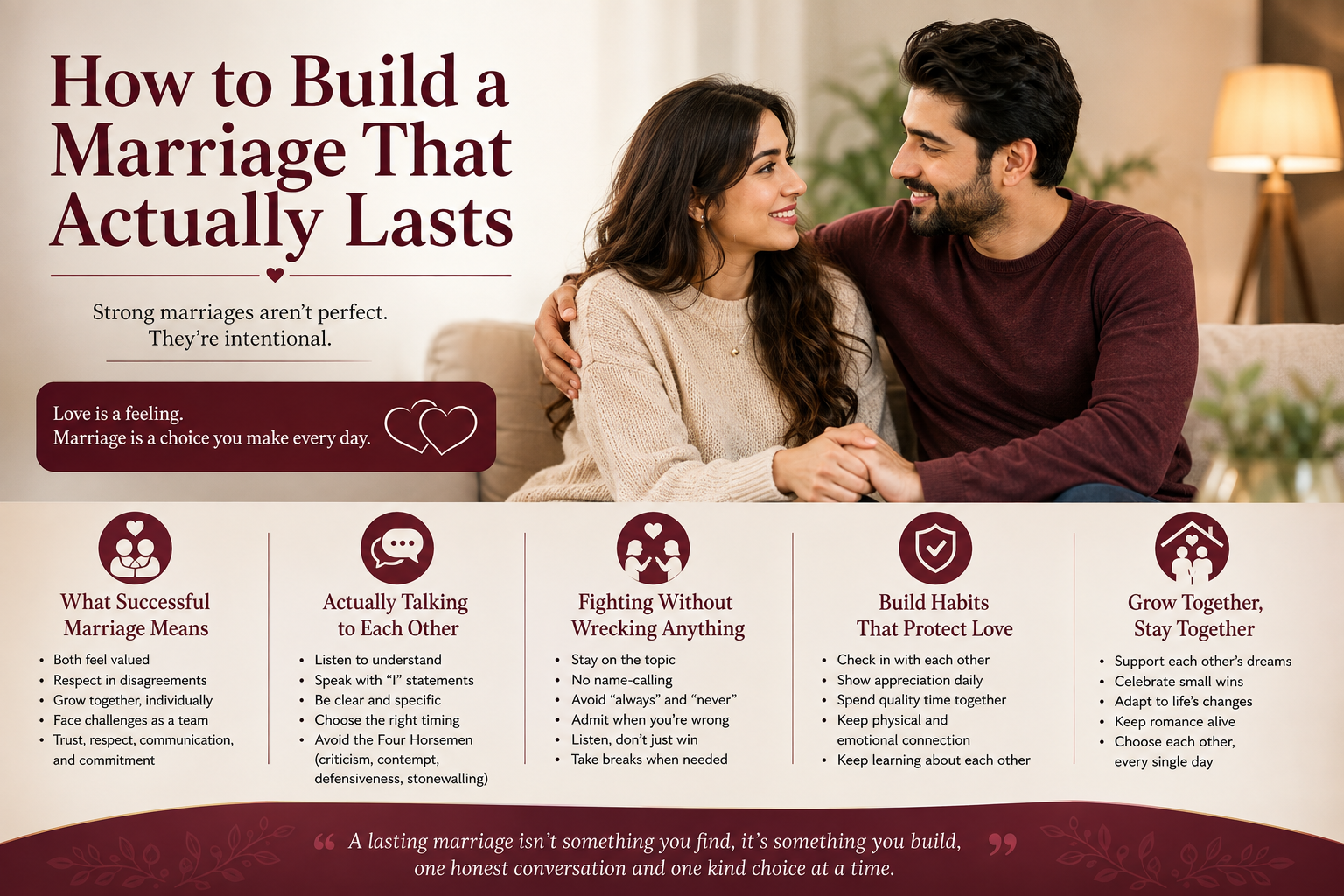 Couple sharing an intimate moment, symbolizing trust, understanding, and the foundation of a marriage that lasts