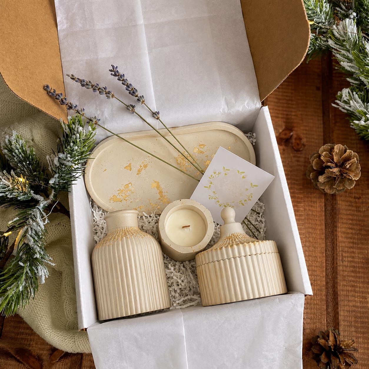 3 Pcs Set of Home Decor  1x Ribbed Concrete Mini Flower Vase, 1x Ribbed Concrete Trinket Jewellery Storage Box & 1x Oval Shaped Concrete Trinket Tray  Storage & Organisation  Decorative Accents  Jewellery Armoires & Boxes  Gift Sets