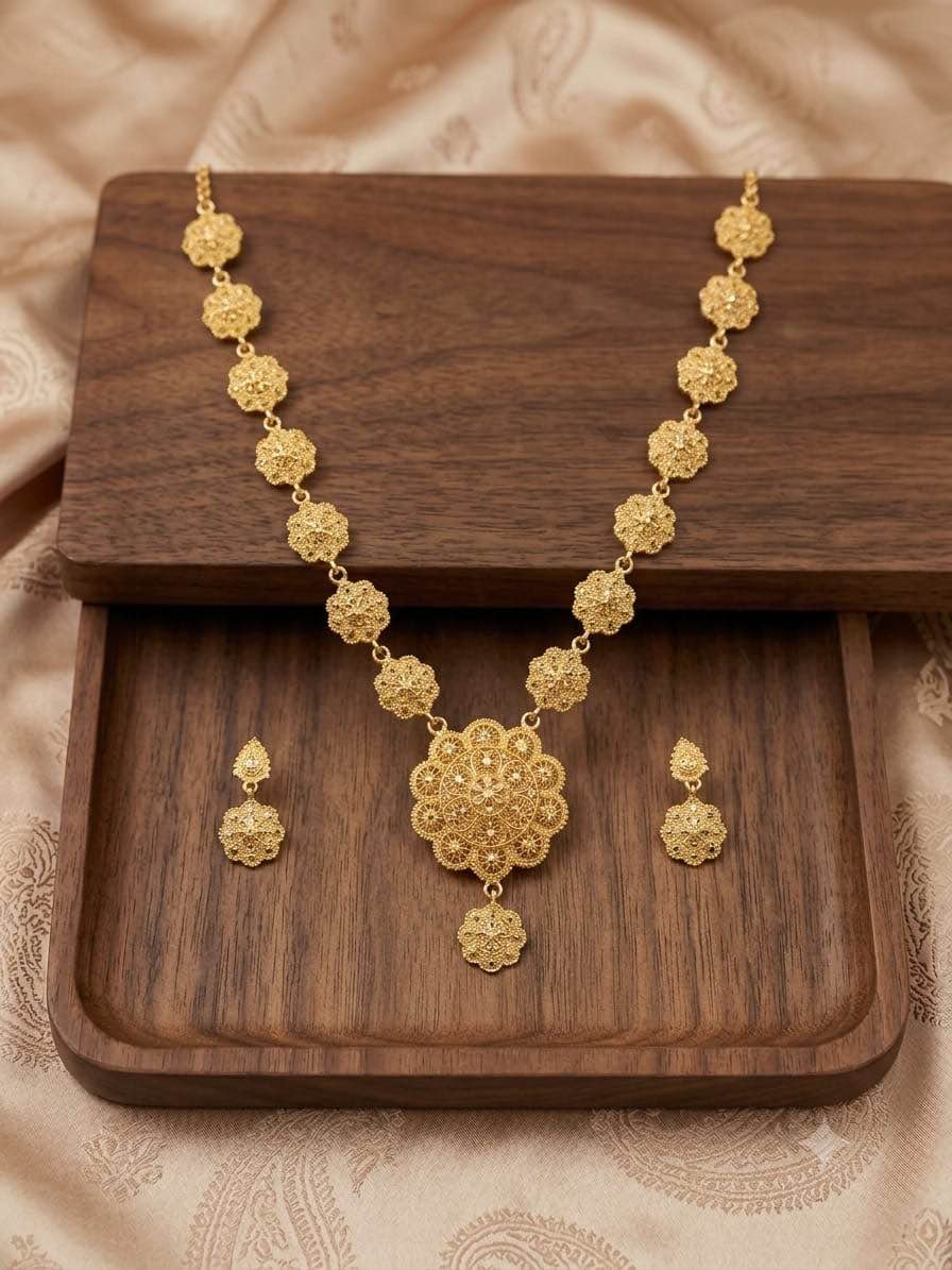 Traditional Golden Floral Filigree Mala Necklace And Matching Earrings Set - Heritage Middle Eastern Jewelry Set For Women