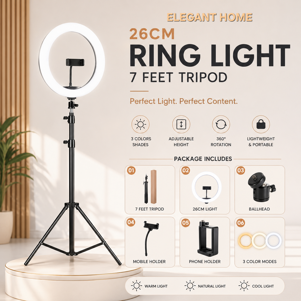 26cm LED Selfie Ring Light with 7ft Tripod Stand & Phone Holder - photo 2