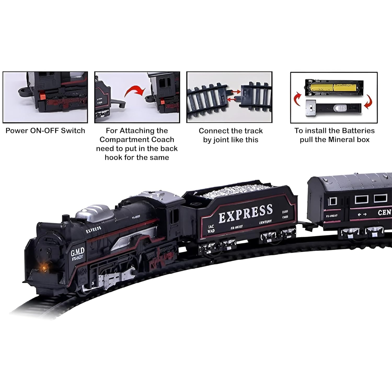 Train Battery Operated Electric Train Set, 13 Pieces with Lights and Sound, Express Locomotive with Track, Ages 3+