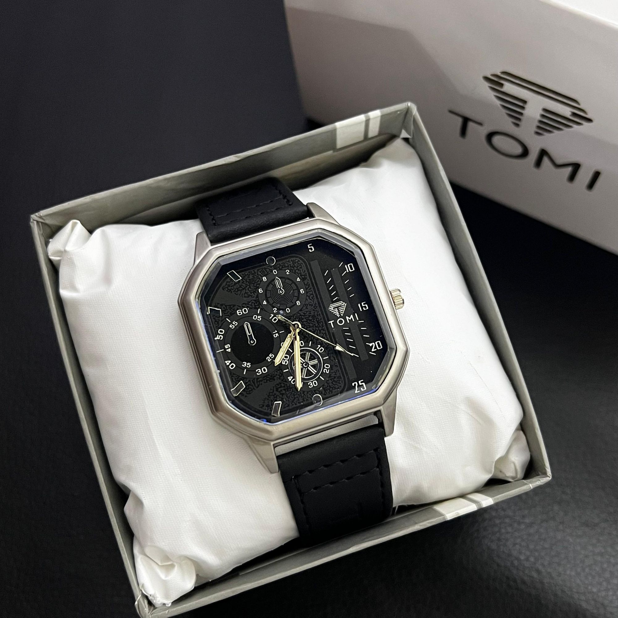 TOMI Luxury Square Quartz Watch for Men - Creative Unique Black Dial Leather Strap Casual & Fashion Wrist Watch