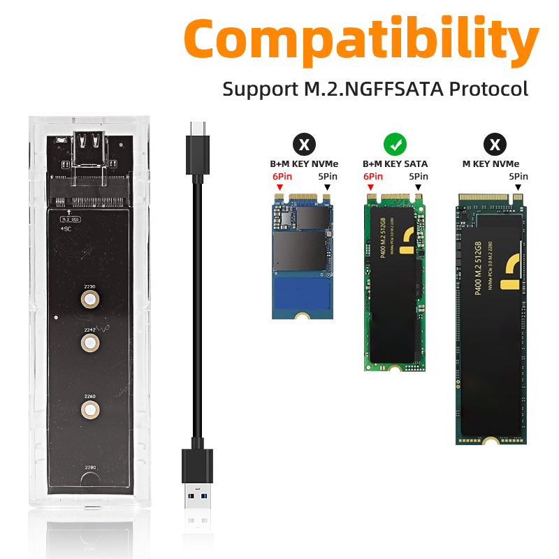 M.2 NVME PCIe NGFF SATA Dual Protocol SSD Case Clear USB Type C 10Gbps