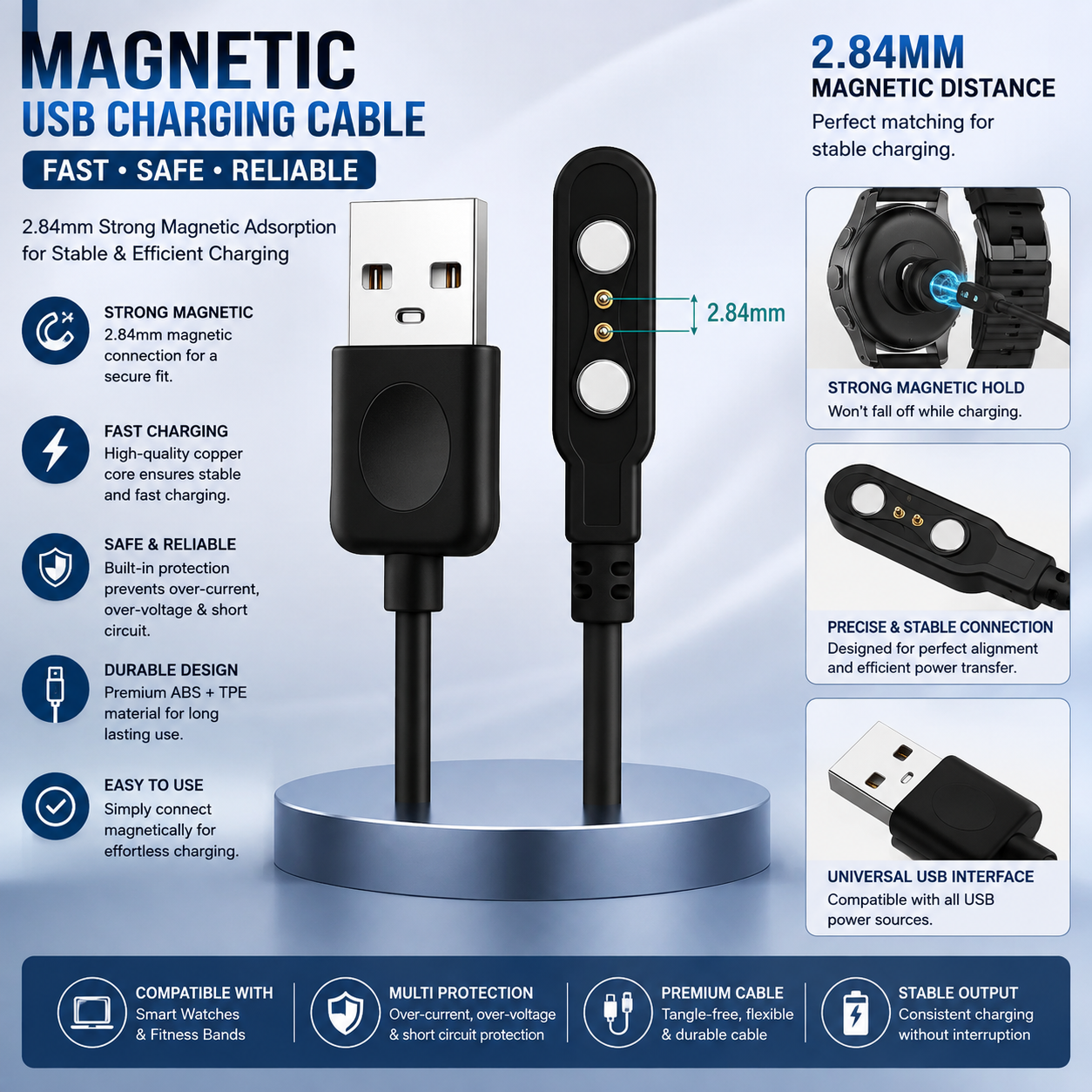 2.84MM Magnetic USB Charging Cable for Smart Watch – Fast Charging Replacement Charger Cable