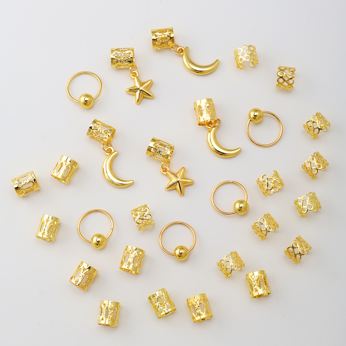 Golden Star Moon Hair Rings Set 30PCS Dreadlock Hair Cuffs Braid Accessories